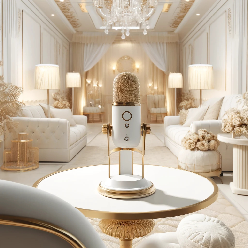 DALL·E 2024-06-09 21.30.42 - A luxurious, brightly lit podcast studio with a feminine touch, featuring a color scheme of white, cream, gold, and ivory. The studio includes high-en