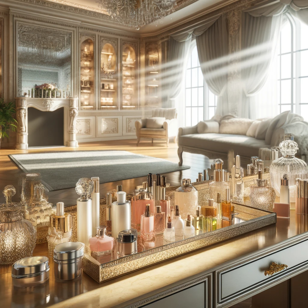 DALL·E 2024-06-10 22.19.05 - An image of a woman's vanity, filled with beauty and skin care products, as well as perfume, in a large luxurious, brightly lit room. The vanity is ad
